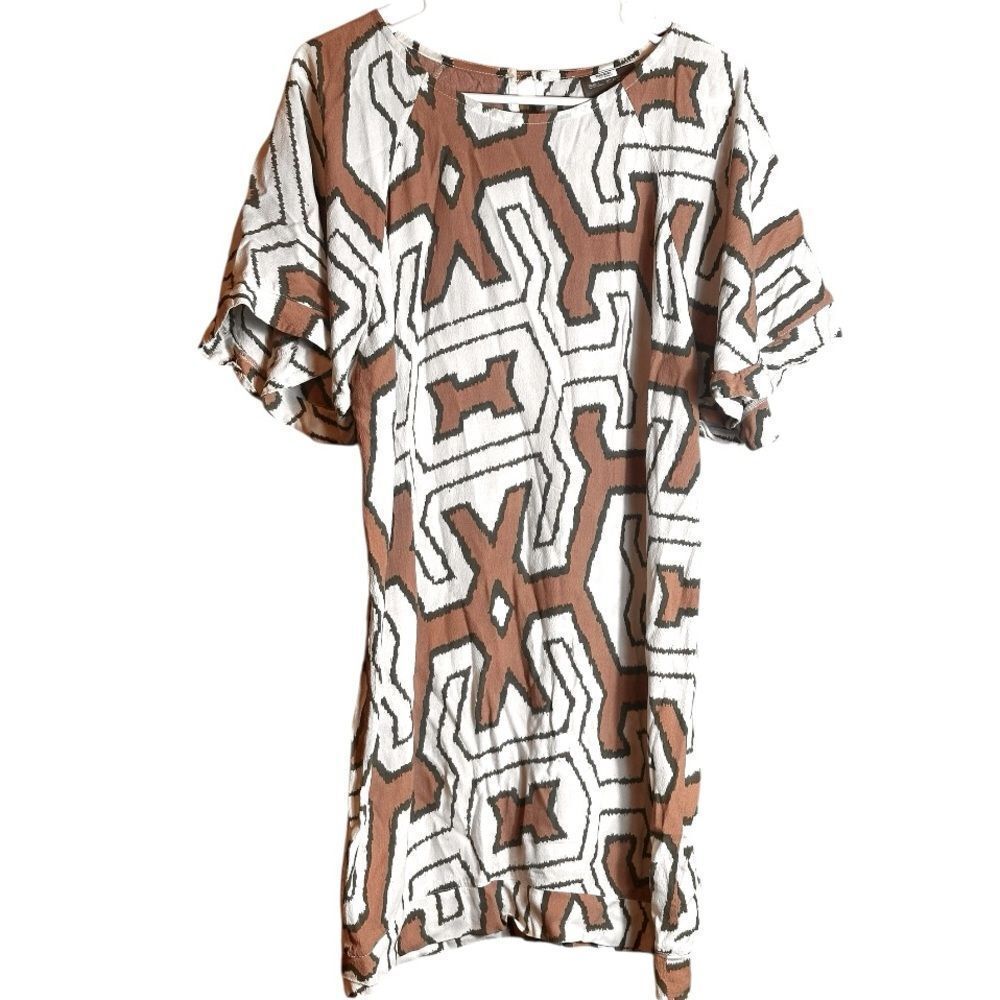 Bel Kazan Graphic Tan and White Short Sleeve Dress Size‎ Medium 📦
